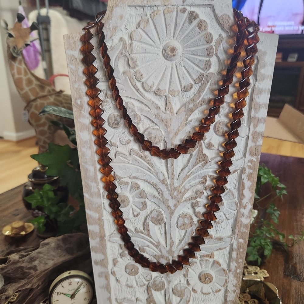 2 Vtg TRIFARI Tortoiseshell Swirl Lucite Overlapping Flat Square Beaded Necklace